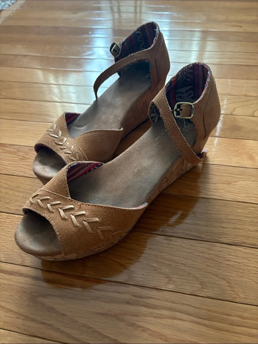 Toms Tan Leather Espadrille Wedge Sandals with Ankle Strap